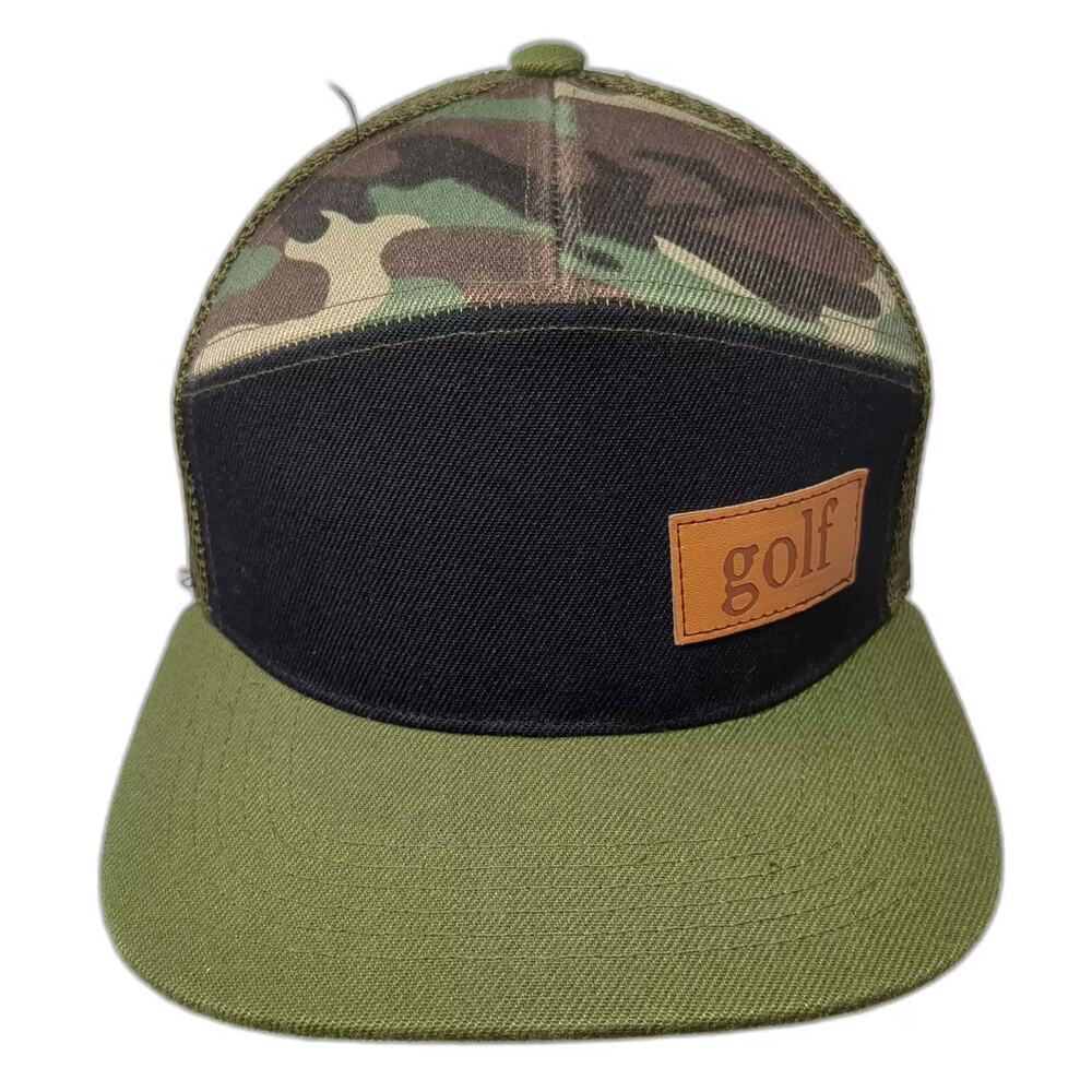 Golf Trucker Hat Green Black Camo Leather Patch Flat Brim Snapback OS Woodland